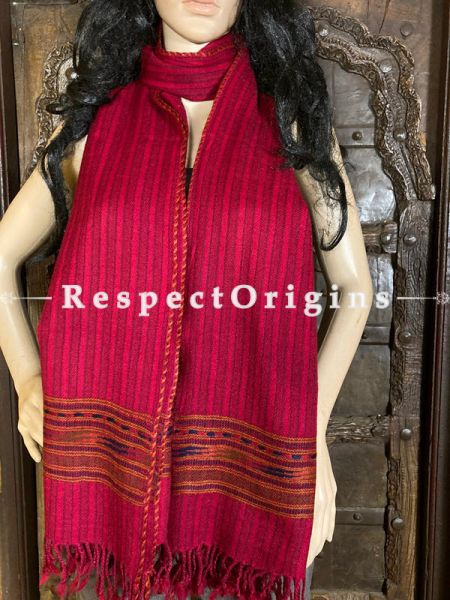 Red Handwoven Woolen Kullu Stoles From Himachal with multiColor borders; Size 80 x 28 inches; RespectOrigins.com