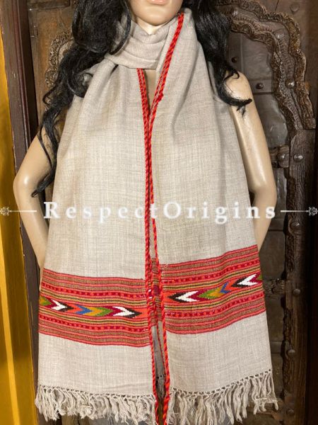 Gray and Red Handwoven Kullu Handloom Pure Woolen Warm and Soft Traditional Himachal Shawl for Women; Red and Blue Border; 80 x 38 In; RespectOrigins.com