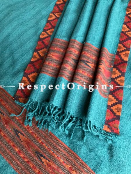 Blue and Red Handwoven Woolen Kullu Stoles From Himachal with multiColor borders; Size 80 x 28 inches; RespectOrigins.com