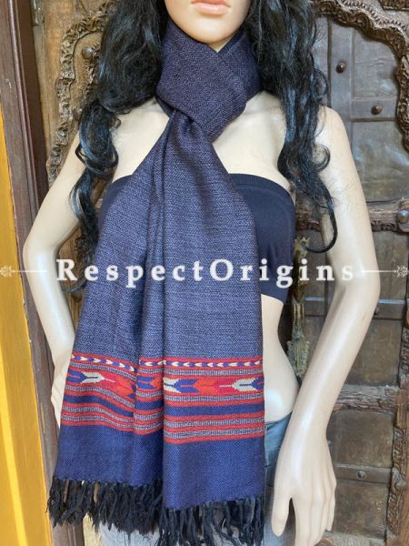 Classic Black Handwoven Woolen Kullu Stoles From Himachal with multiple Red borders; Size 80 x 28 inches; RespectOrigins.com