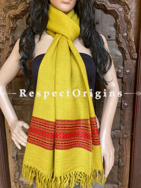 Yellow Handwoven Woolen Kullu Stoles From Himachal with multiple Red borders; Size 80 x 28 inches; RespectOrigins.com