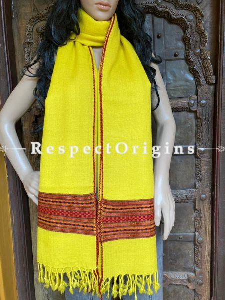 Ethnic Yellow Handwoven Woolen Kullu Stoles From Himachal with multiple Red borders; Size 80 x 28 inches; RespectOrigins.com