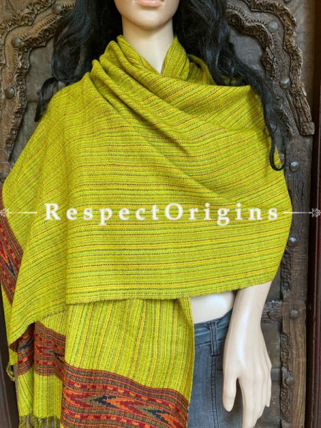 Vibrant Yellow Handwoven Woolen Kullu Stoles From Himachal with multiple Red borders; Size 80 x 28 inches; RespectOrigins.com