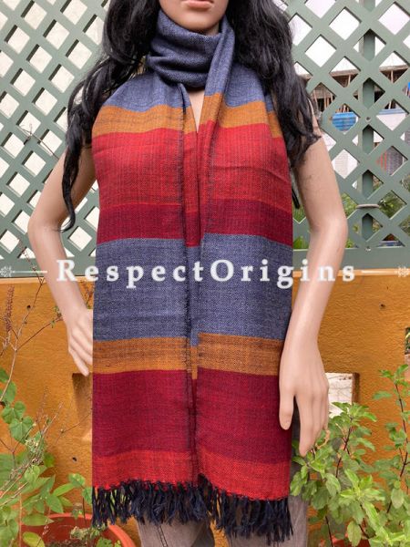 Gray Handwoven Woolen Kullu Stoles From Himachal with multiple Red borders; Size 80 x 28 inches; RespectOrigins.com