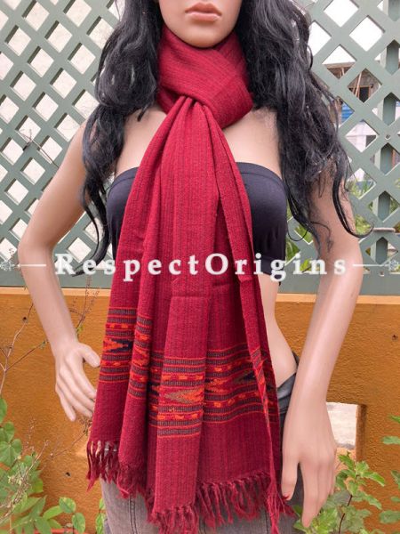 Red Handwoven Woolen Kullu Stoles From Himachal with multiple Multicolor borders; Size 80 x 28 inches; RespectOrigins.com