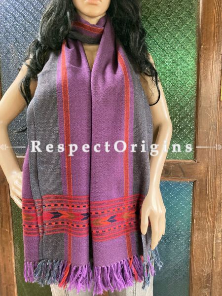 Purple Handwoven Woolen Kullu Stoles From Himachal with multiple Red borders; Size 80 x 28 inches; RespectOrigins.com