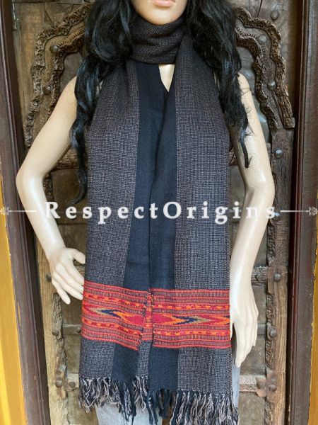 Black Handwoven Woolen Kullu Stoles From Himachal with multiple Red borders; Size 80 x 28 inches; RespectOrigins.com