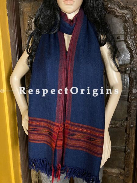 Blue Handwoven Woolen Kullu Stoles From Himachal with multiple Red borders; Size 80 x 28 inches; RespectOrigins.com