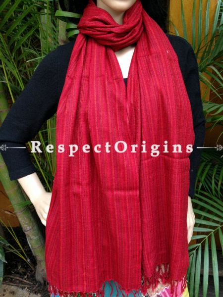 Red Handwoven Woolen Kullu Stoles From Himachal with multiple borders; Size 80 x 28 inches; RespectOrigins.com