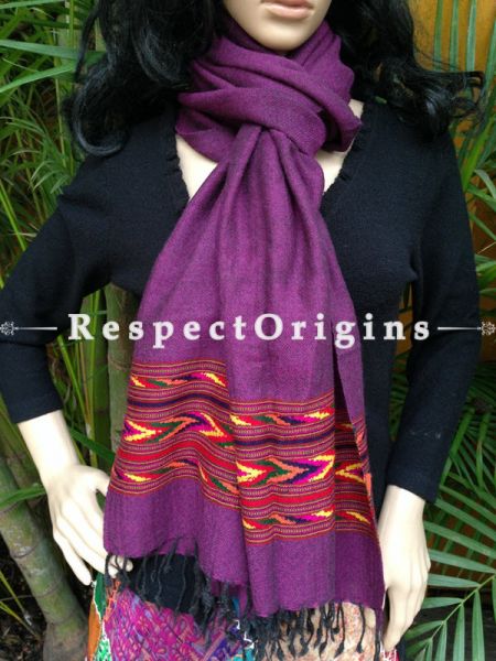 Purple Handwoven Woolen Kullu Stoles From Himachal with multiColor borders; Size 80 x 28 inches; RespectOrigins.com