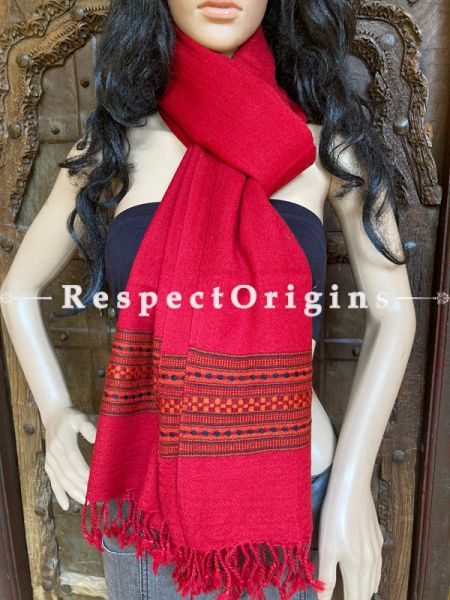 Red Handwoven Woolen Kullu Stoles From Himachal with multiple Brown borders; Size 80 x 28 inches; RespectOrigins.com