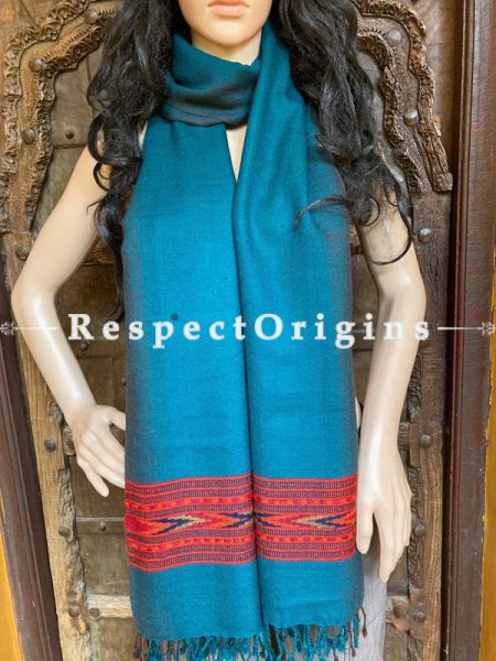 Blue Handwoven Woolen Kullu Stoles From Himachal with multiple Red borders; Size 80 x 28 inches; RespectOrigins.com