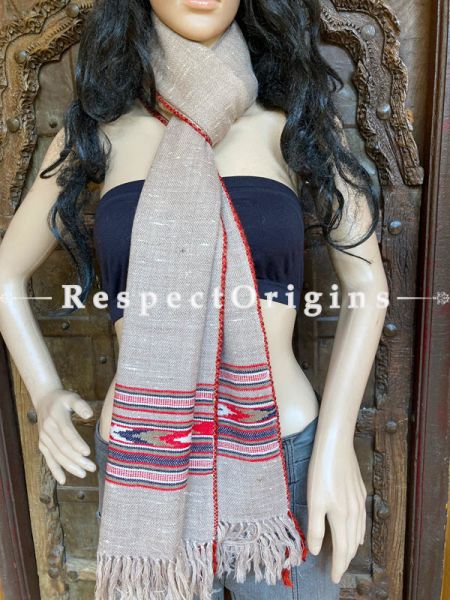 Gray  Handwoven Woolen Kullu Stoles From Himachal with multiple Multicolored borders; Size 80 x 28 inches; RespectOrigins.com