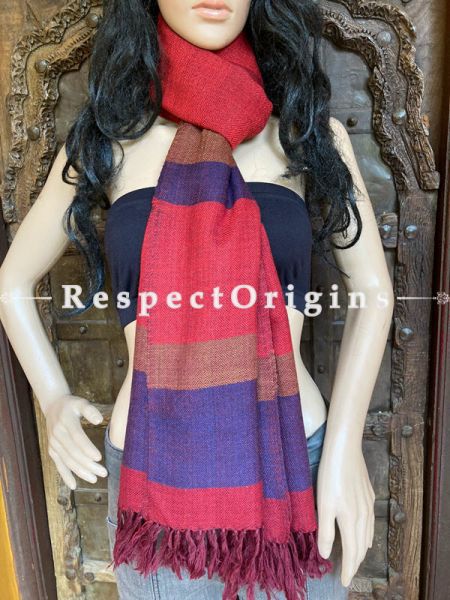 Red Handwoven Woolen Kullu Stoles From Himachal with multiple Blue borders; Size 80 x 28 inches; RespectOrigins.com