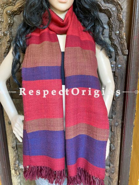 Red Handwoven Woolen Kullu Stoles From Himachal with multiple Blue borders; Size 80 x 28 inches; RespectOrigins.com