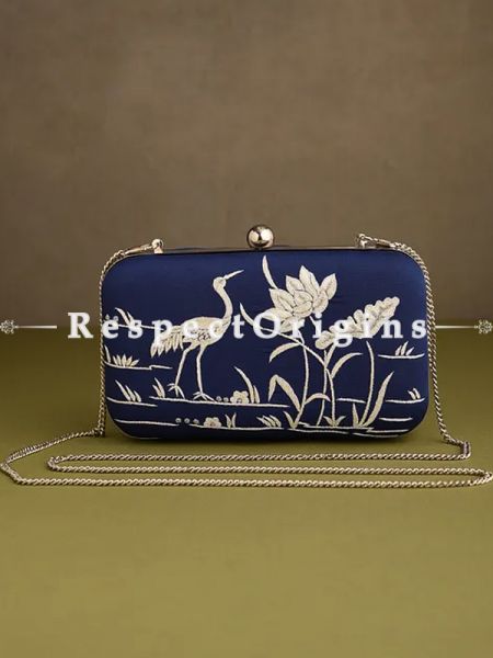 Blue Parsi Gara Embroidery Clutch with Crane and Lotus in Water pattern and Hard  Purse With Detachable Metal Strap; RespectOrigins.com