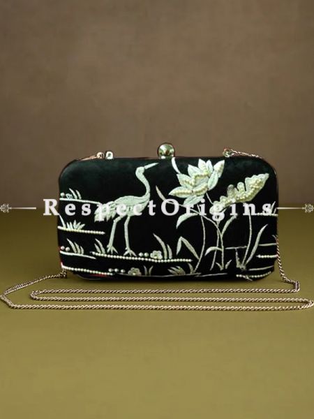 Black Parsi Gara Embroidery Clutch with Rose Spray pattern and Hard  Purse With Detachable Metal Strap; RespectOrigins.com