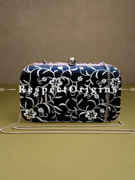 Black Parsi Gara Embroidery Clutch with White flower trellis pattern and Hard  Purse With Detachable Metal Strap; RespectOrigins.com