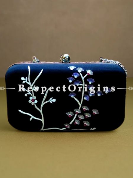 Black Parsi Gara Embroidery Clutch with Crane pattern and Hard  Purse With Detachable Metal Strap; RespectOrigins.com