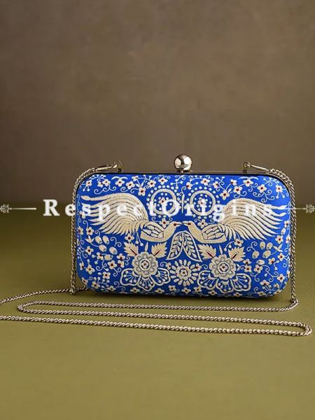 Blue Parsi Gara Embroidery hard Clutch Purse with Detachable Metal Strap.; RespectOrigins.com