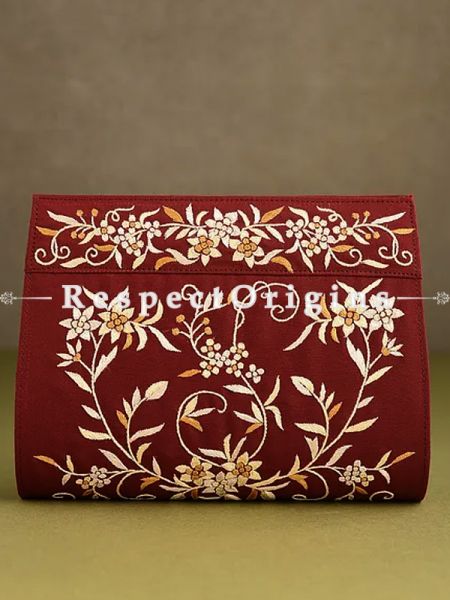 Red Parsi Gara Embroidery Clutch With Detachable Metal Strap and Gul-e-bulbul pattern in Golden embroidery.; RespectOrigins.com