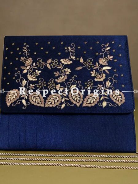 Blue Parsi Gara Embroidery Clutch with Leafy pattern and Detachable Metal Strap.; RespectOrigins.com