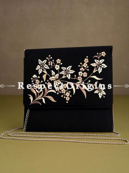 Black Parsi Gara Embroidery Clutch Lily Spray pattern and Detachable Metal Strap.; RespectOrigins.com