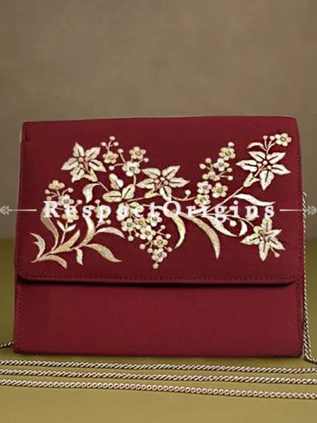 Red Parsi Gara Embroidery Clutch Lily Spray pattern and Detachable Metal Strap.; RespectOrigins.com