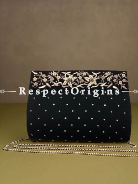 Black Parsi Gara Embroidery Clutch with Lily Border pattern and Detachable Metal Strap.; RespectOrigins.com