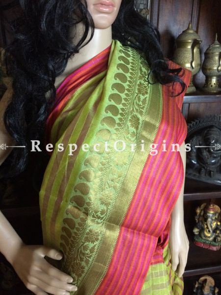 Green Handwoven Banarasi Cotton Silk Saree; Zari Border & Butis; RespectOrigins.com