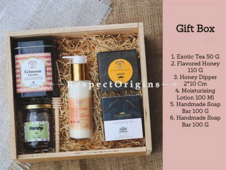 Gift Box; Exotic Tea, Flavored Honey,Honey Dipper, Moisturising Lotion,2 Hand made Soaps; RespectOrigins.com