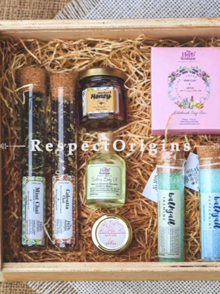 Gift Box; Handmade Soap,Pack of 2 Bath Salt,Lip Balm,Body Oil, Flavored Honey & Exotic Teas; RespectOrigins.com