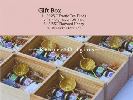 Gift Box; 3 Packs of Exotic Tea Tubes & Flavored Honey , Honey Dipper & Brass Strainer; RespectOrigins.com
