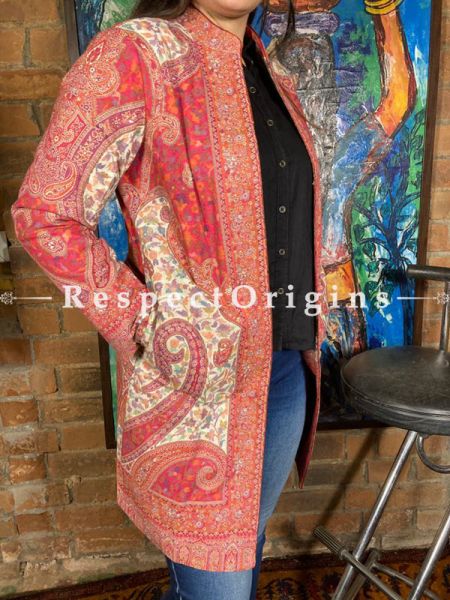 Pleasing Red Floral Design Formal Ladies Designer Detailing Jamavar Jacket in Cotton Silk Blend; Silken Lining; RespectOrigins.com