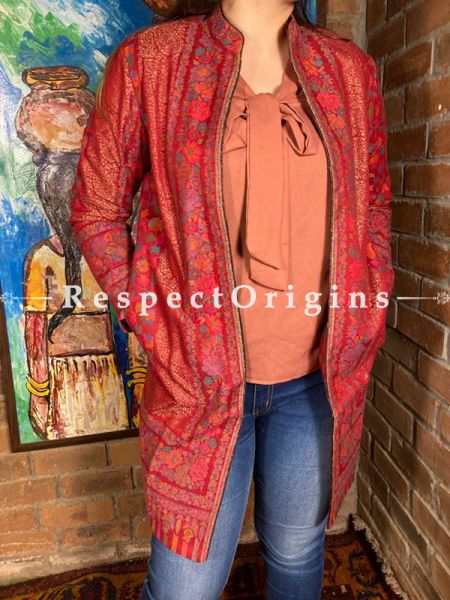 Marvellous Red Floral Design Formal Ladies Designer Detailing Jamavar Jacket in Cotton Silk Blend; Silken Lining; RespectOrigins.com