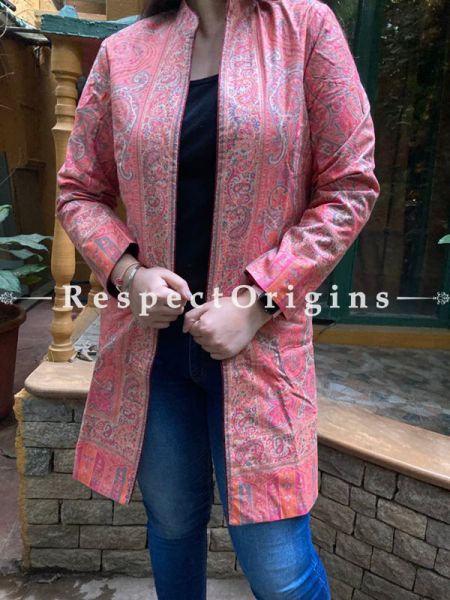 Beautiful Floral Design Formal Ladies Designer Detailing Peach Jamavar Jacket in cotton silk Blend; Silken Lining; RespectOrigins.com