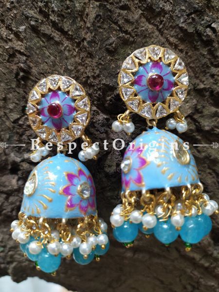 Seema Meenakari Enamel Kundan Jhumki Ear-rings with Delicate Pearly Bead Drops. RespectOrigins.Com