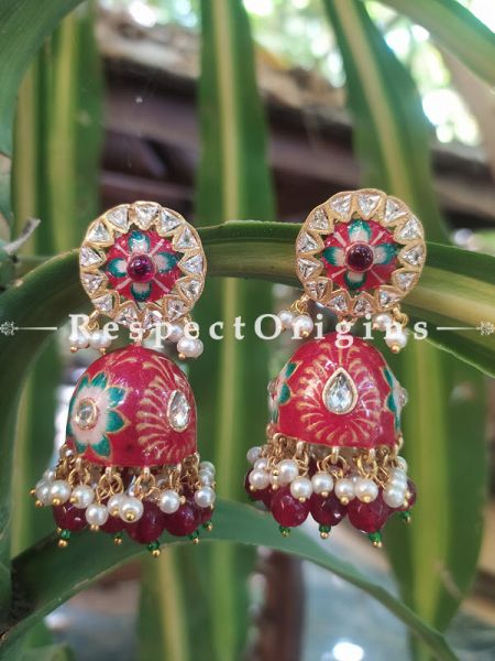 Elle Meenakari Enamel Kundan Jhumki Ear-rings with Delicate Pearly Bead Drops. RespectOrigins.Com