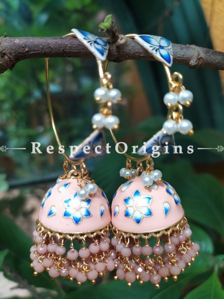 Noori Meenakari Enamel Kundan Loop Chandelier Jhumki Ear-rings with Delicate Pearly Bead Drops. RespectOrigins.Com