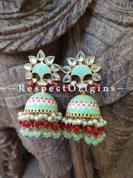 Myra Pistachio Green Meenakari Enamel Kundan Jhumki Ear-rings with Delicate Pearly Bead Drops RespectOrigins.Com.