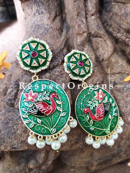 Green Meenakari Enamel Jhumki Ear-rings with Peacock Motifs; RespectOrigins.Com