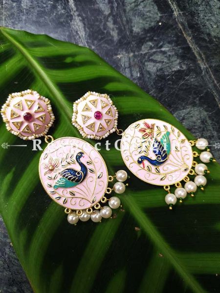 Rose Pink Meenakari Enamel Jhumki Ear-rings with Peacock Motifs; RespectOrigins.Com