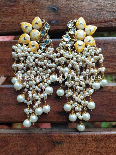 Yellow Gold Toned Meenakari Chandelier Style Ear-rings with Pearly Strands; RespectOrigins.Com