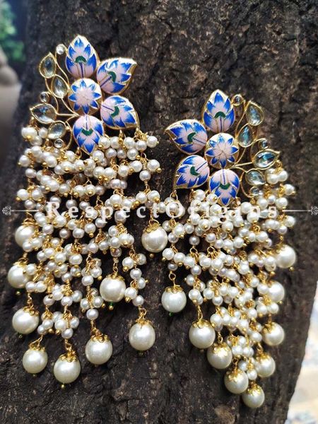 Blue Gold Toned Meenakari Chandelier Style Ear-rings with Pearly Strands; RespectOrigins.Com