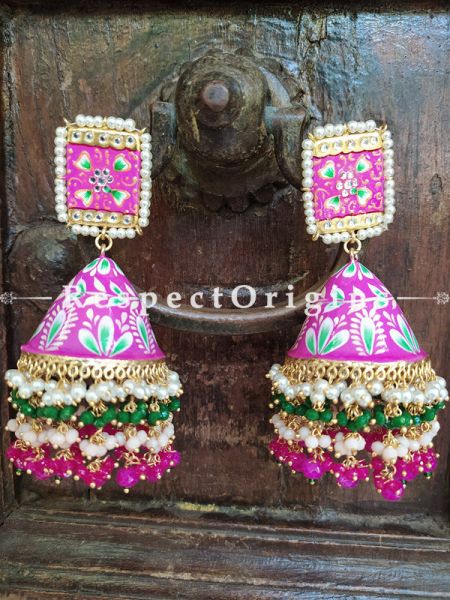 Khushi Rani Pink Meenakari Enamel Kundan Jhumki with Pearl Moti Kaam Ear-rings with Delicate Pearly Bead Drops. RespectOrigins.Com
