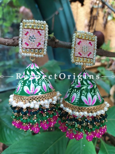 Inaya Soft Pink and Green Meenakari Enamel Kundan Jhumki with Pearl Moti Kaam Ear-rings with Delicate Pearly Bead Drops. RespectOrigins.Com