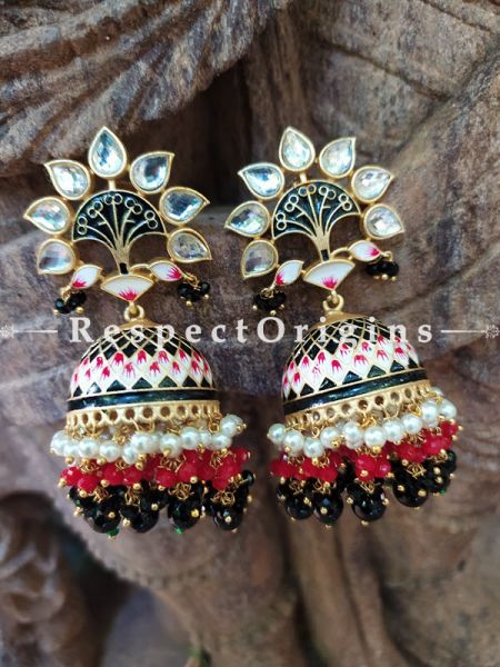 Shaiyasta Meenakari Enamel Kundan Jhumki Ear-rings with Delicate Pearly Bead Drops. RespectOrigins.Com