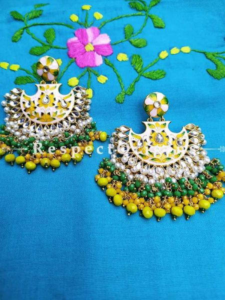 Delightful Two Toned Yellow Festive Meenakari Enamel Jadau Chand Bali Style Ear-rings; Cascading Three Layers of White, Yellow and Green Stones; RespectOrigins.Com