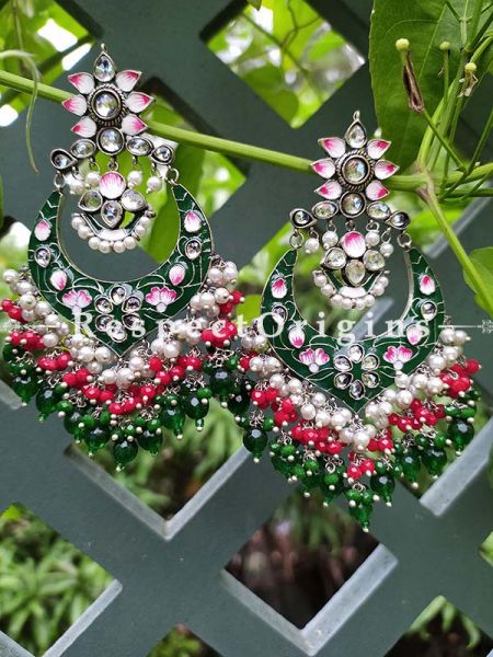 Multi-coloured Meenakari Chand-bali Ear-rings with Coloured Beads; RespectOrigins.Com