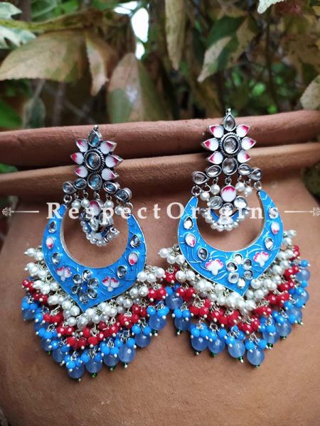 Blue Turquoise Two-toned Meenakari Chand-Bali Ear-rings with Pearl; RespectOrigins.Com
